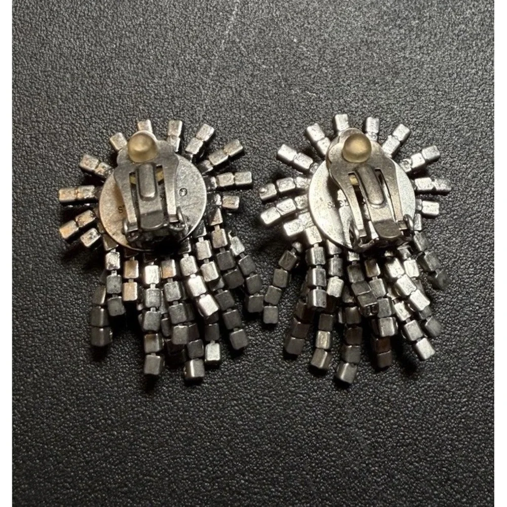 Stella & Dot Silver Tone Round White Rhinestone Clip-On Dangle/Drop Earrings